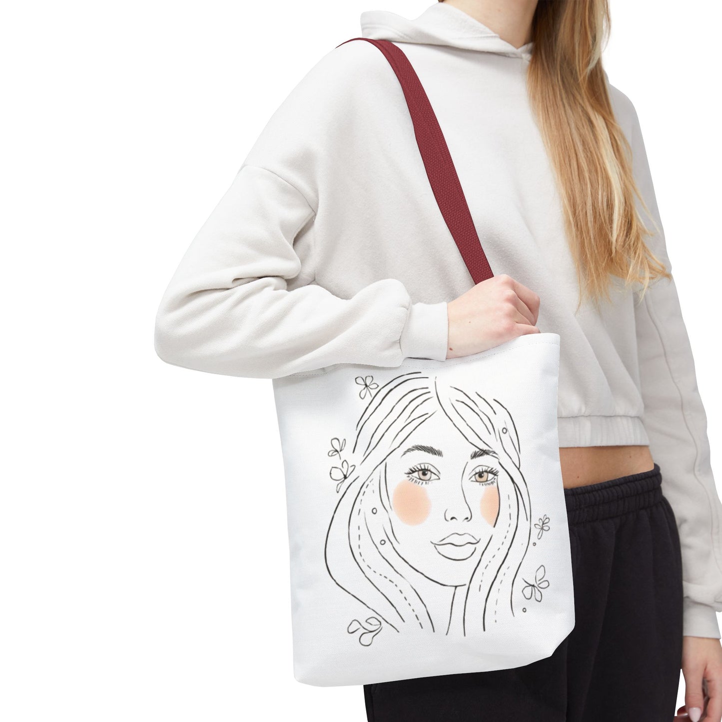 Floral Portrait Tote Bag — Hand-Drawn Woman Face with Blush Cheeks
