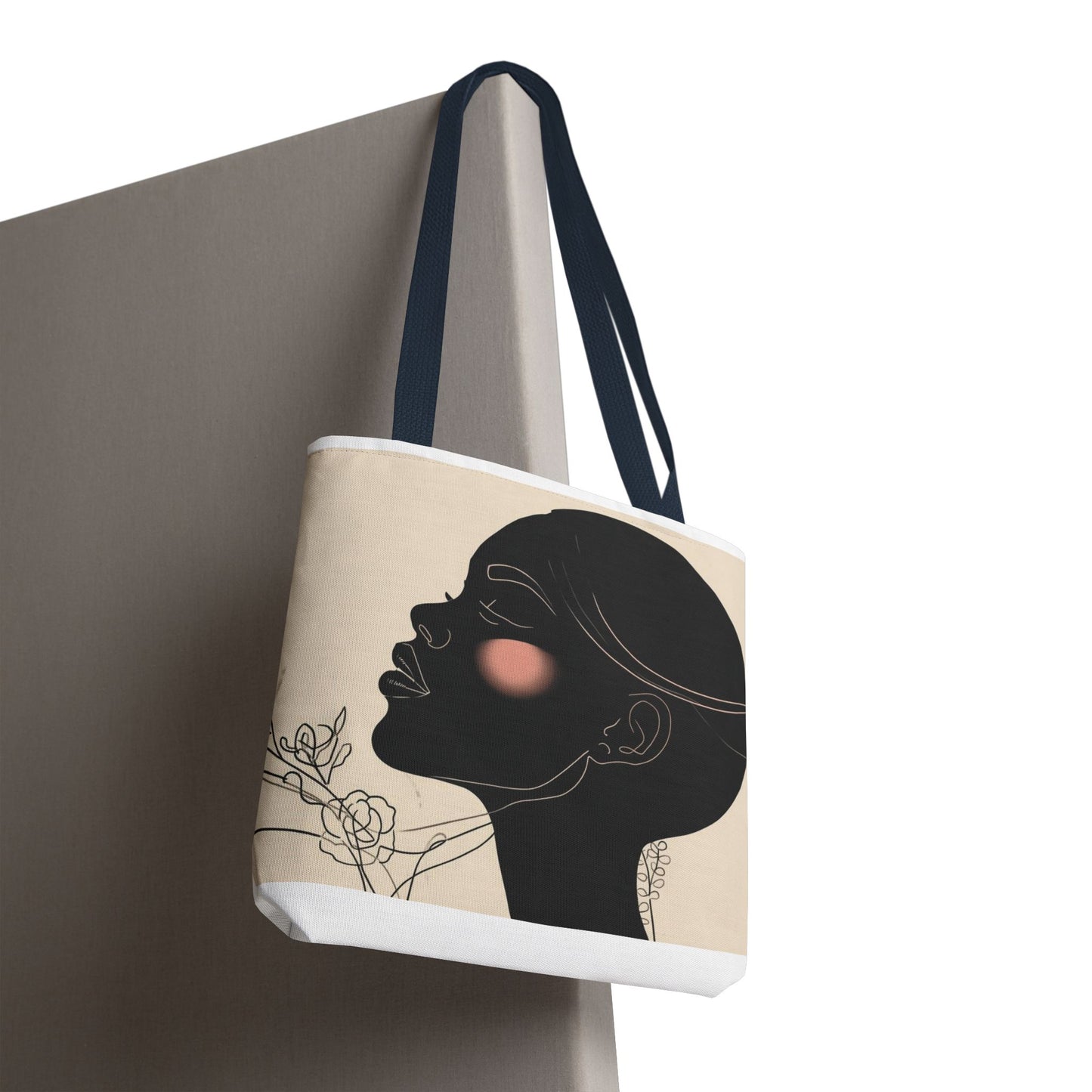 Afro Silhouette Floral Tote Bag — Minimalist Black Woman Profile Canvas Tote