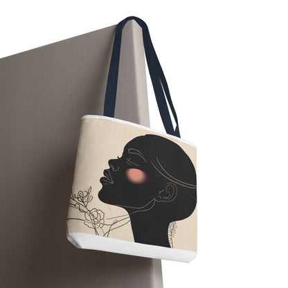 Afro Silhouette Floral Tote Bag — Minimalist Black Woman Profile Canvas Tote