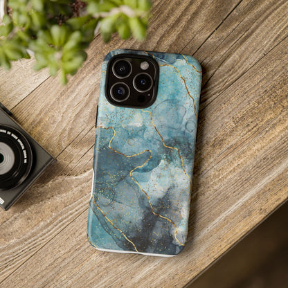 Teal Marble Tough Phone Case — Blue Gold Vein Protective iPhone Cover