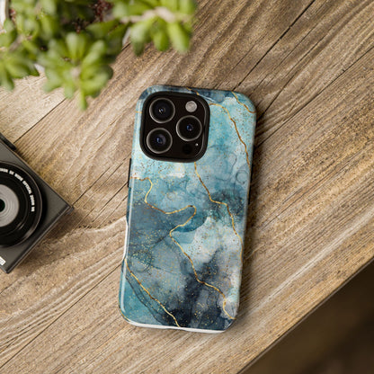 Teal Marble Tough Phone Case — Blue Gold Vein Protective iPhone Cover