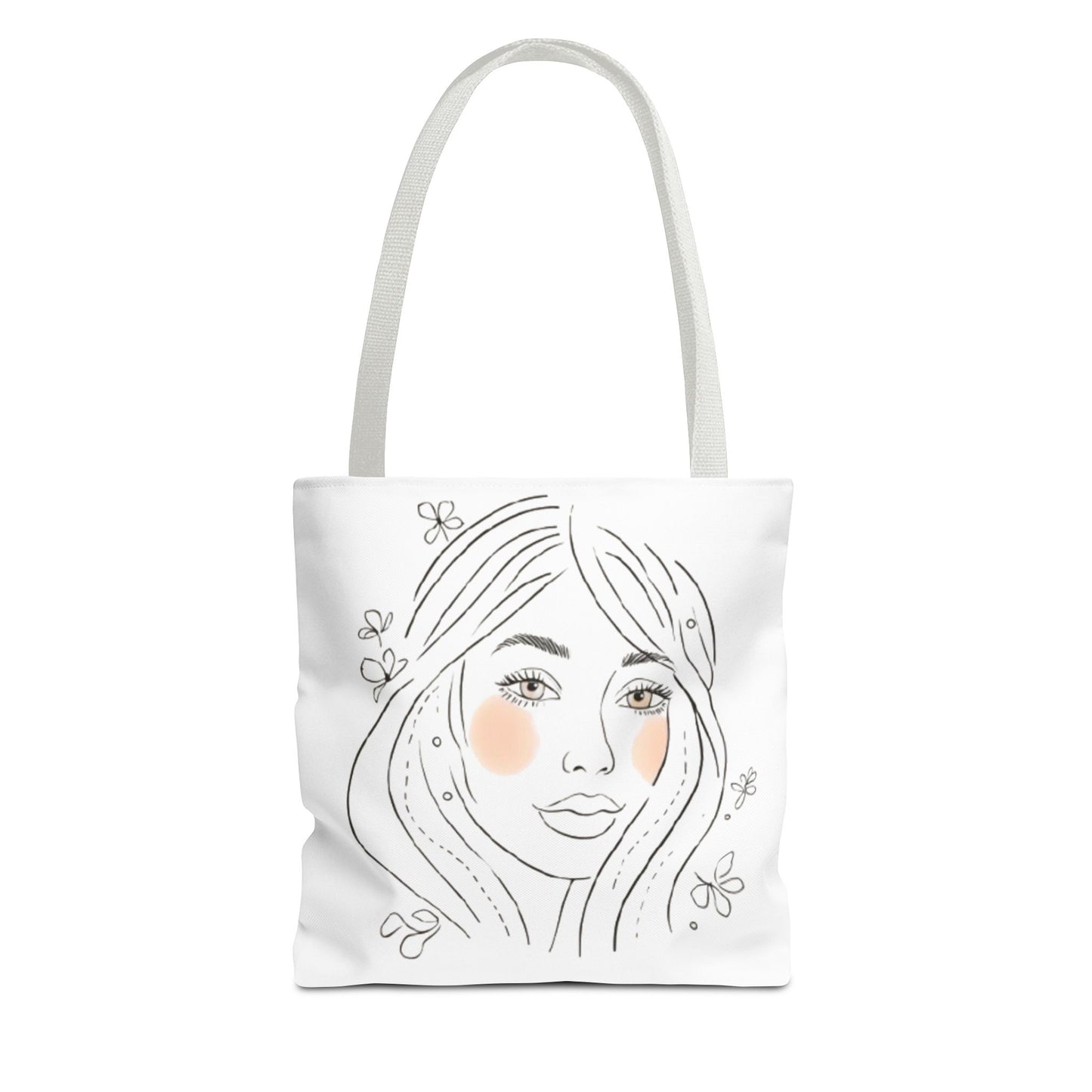 Floral Portrait Tote Bag — Hand-Drawn Woman Face with Blush Cheeks