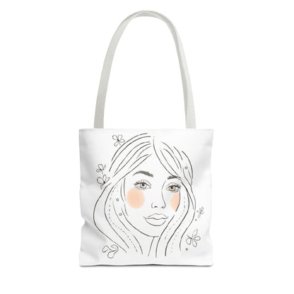 Floral Portrait Tote Bag — Hand-Drawn Woman Face with Blush Cheeks