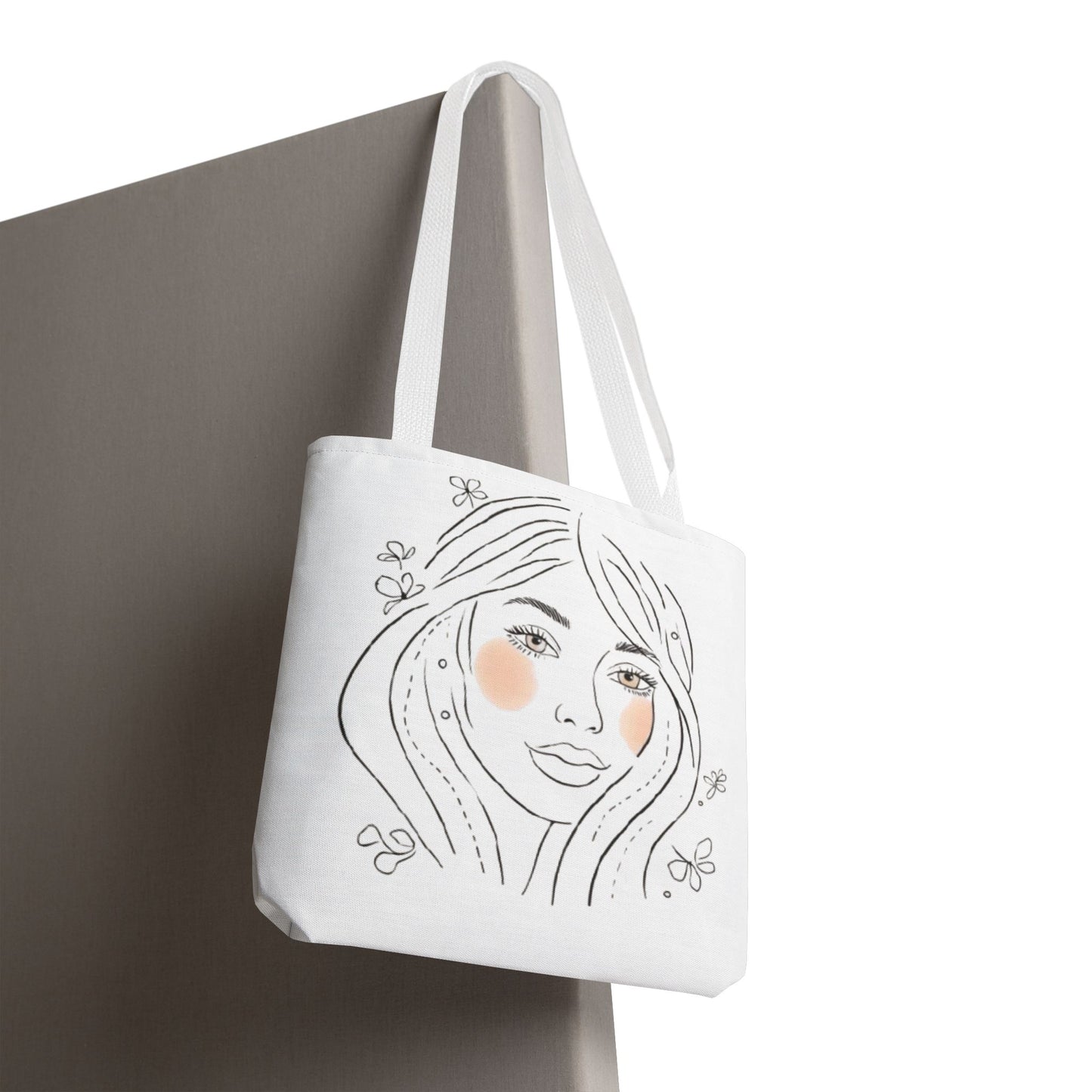 Floral Portrait Tote Bag — Hand-Drawn Woman Face with Blush Cheeks