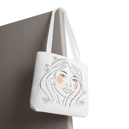 Floral Portrait Tote Bag — Hand-Drawn Woman Face with Blush Cheeks