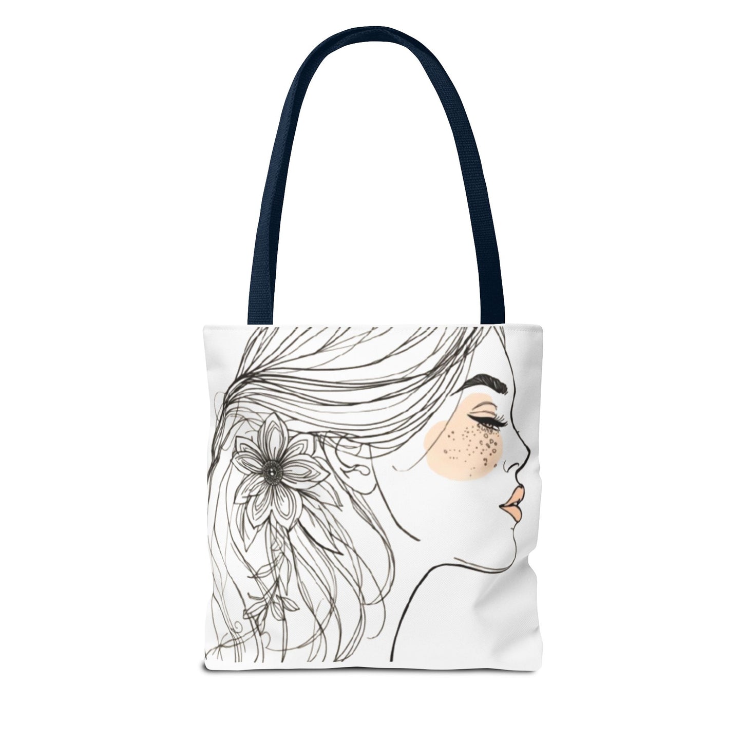 Floral Profile Tote Bag — Hand-Drawn Woman Portrait with Freckles