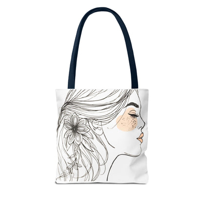 Floral Profile Tote Bag — Hand-Drawn Woman Portrait with Freckles