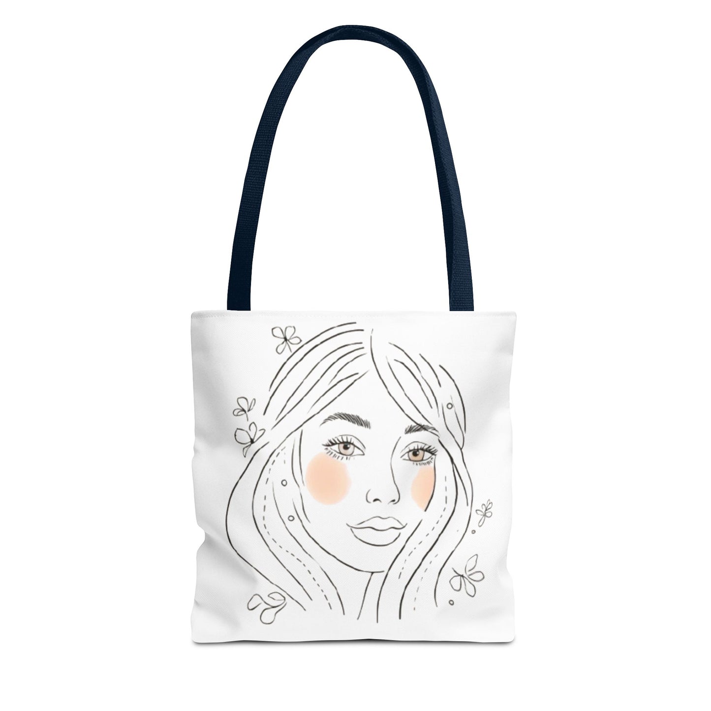 Floral Portrait Tote Bag — Hand-Drawn Woman Face with Blush Cheeks
