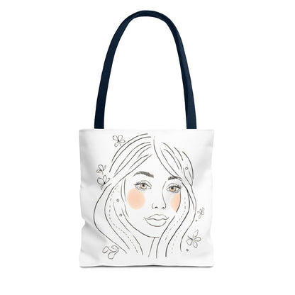 Floral Portrait Tote Bag — Hand-Drawn Woman Face with Blush Cheeks