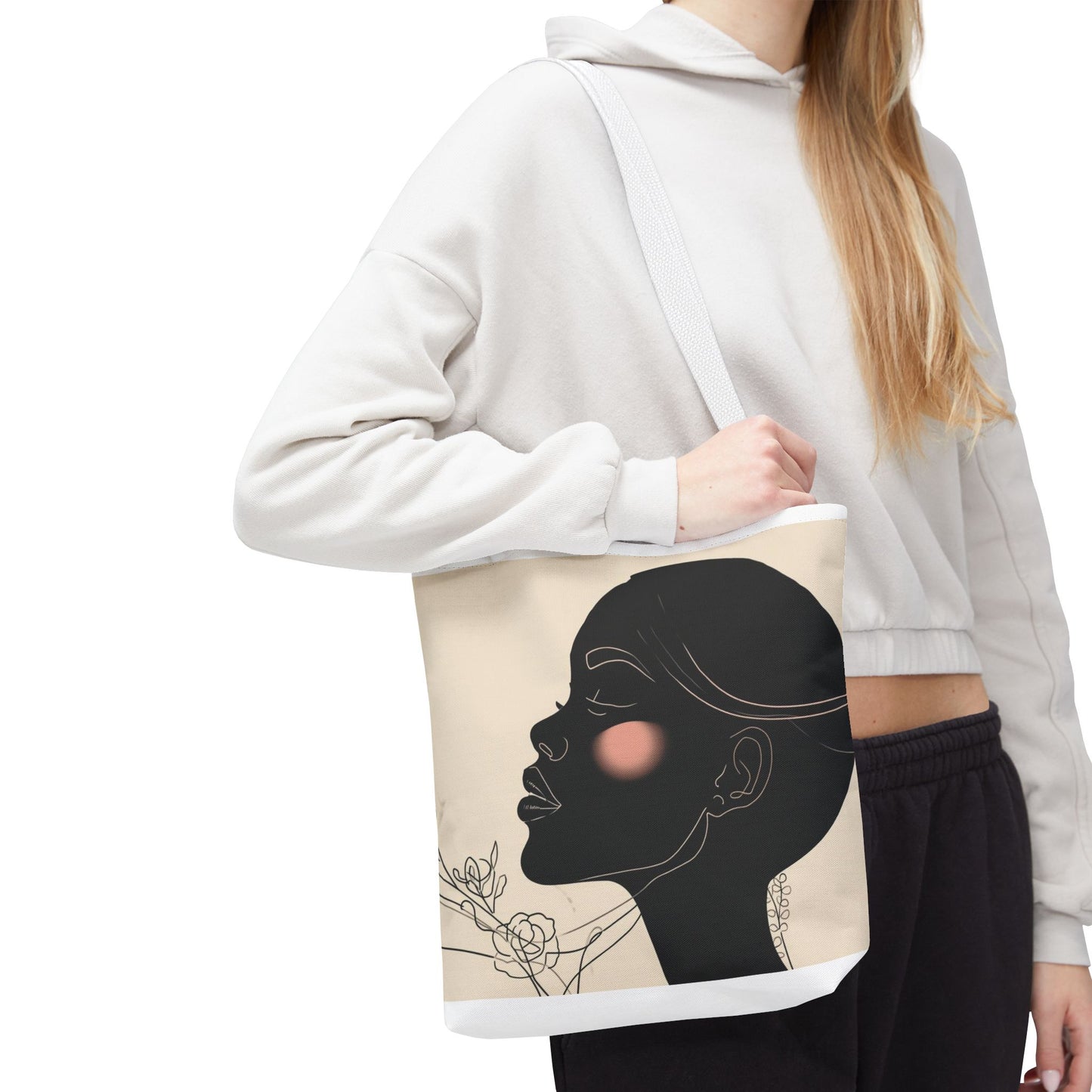 Afro Silhouette Floral Tote Bag — Minimalist Black Woman Profile Canvas Tote