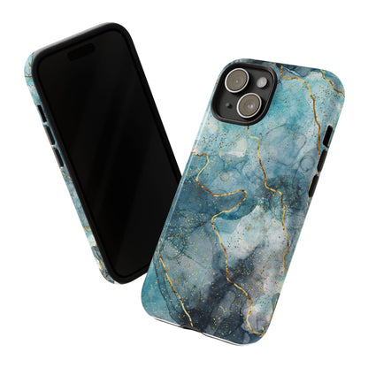 Teal Marble Tough Phone Case — Blue Gold Vein Protective iPhone Cover