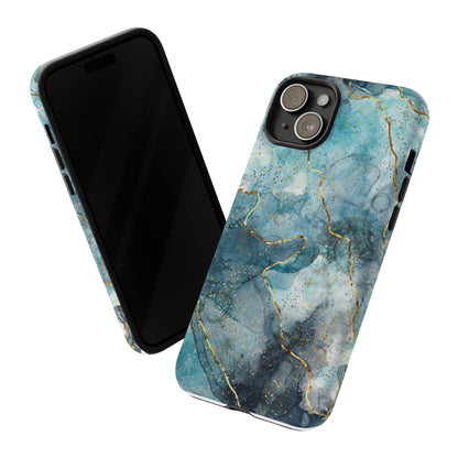 Teal Marble Tough Phone Case — Blue Gold Vein Protective iPhone Cover