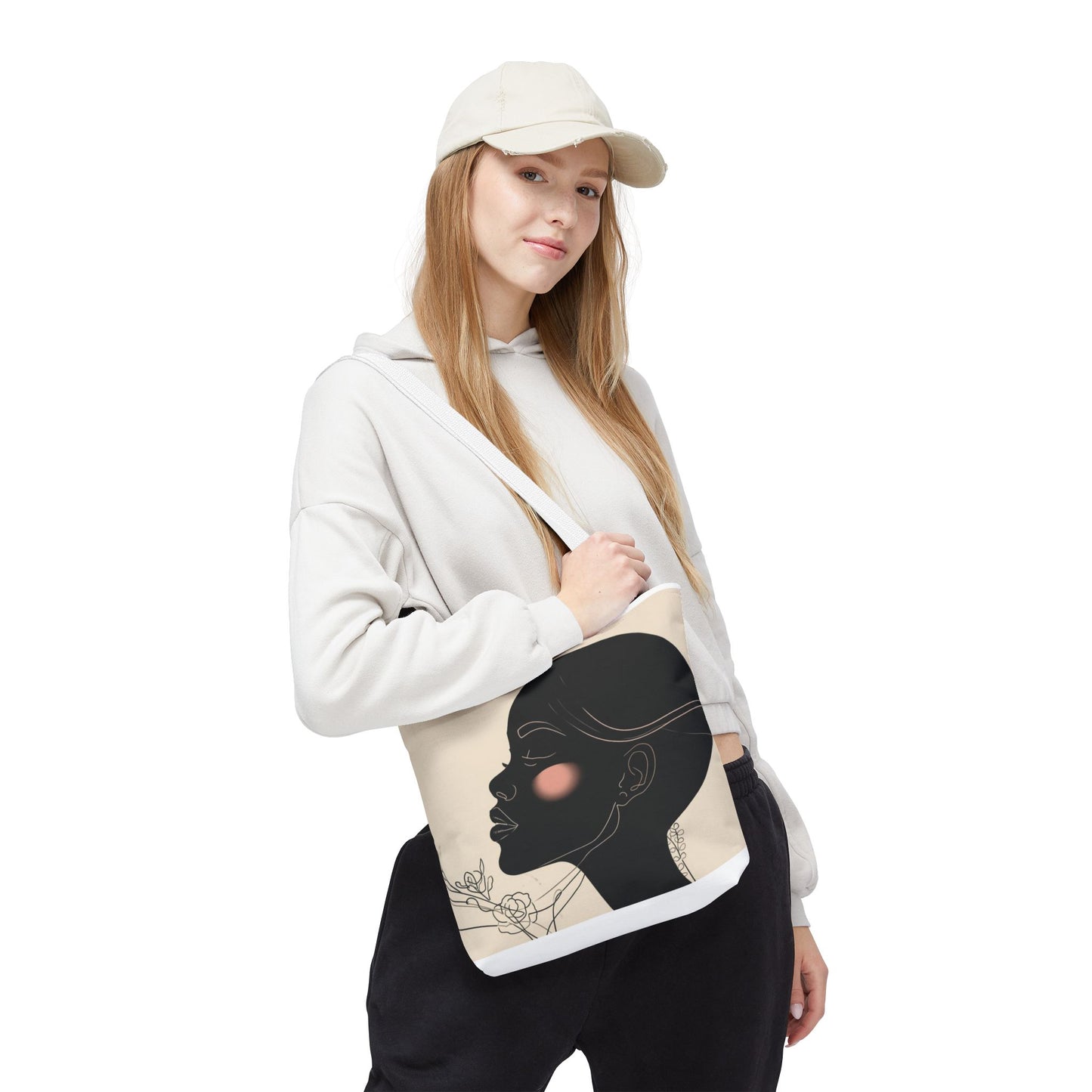 Afro Silhouette Floral Tote Bag — Minimalist Black Woman Profile Canvas Tote