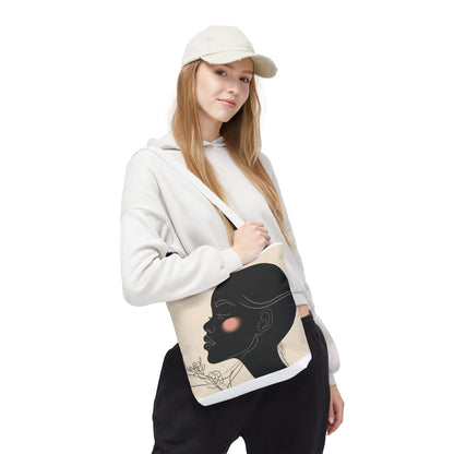 Afro Silhouette Floral Tote Bag — Minimalist Black Woman Profile Canvas Tote