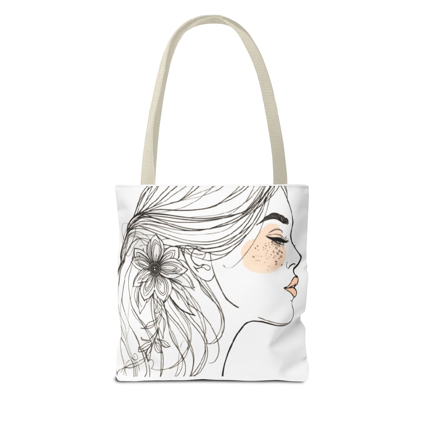 Floral Profile Tote Bag — Hand-Drawn Woman Portrait with Freckles