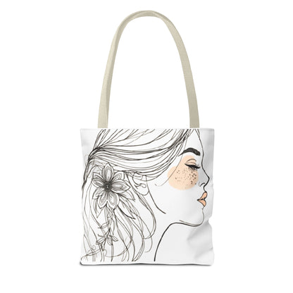 Floral Profile Tote Bag — Hand-Drawn Woman Portrait with Freckles