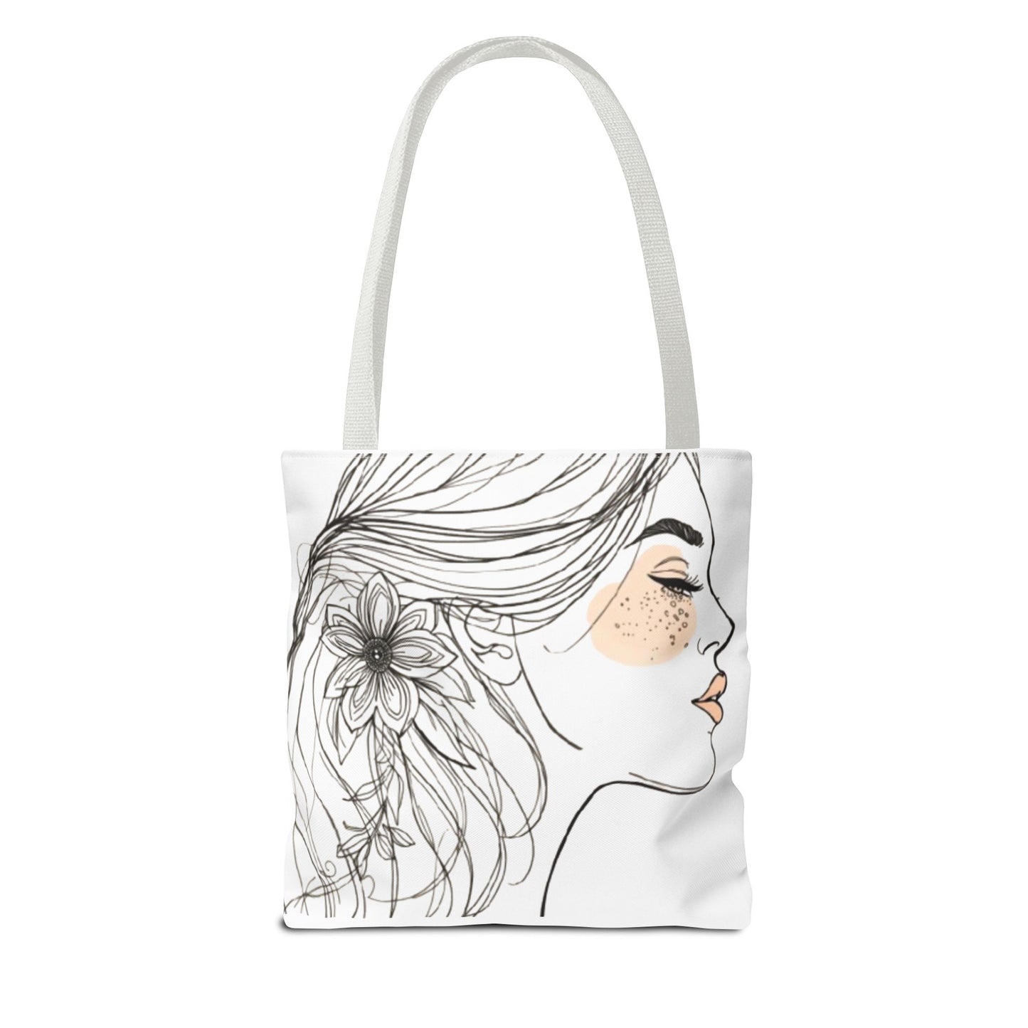 Floral Profile Tote Bag — Hand-Drawn Woman Portrait with Freckles