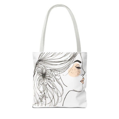 Floral Profile Tote Bag — Hand-Drawn Woman Portrait with Freckles