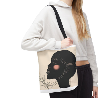 Afro Silhouette Floral Tote Bag — Minimalist Black Woman Profile Canvas Tote