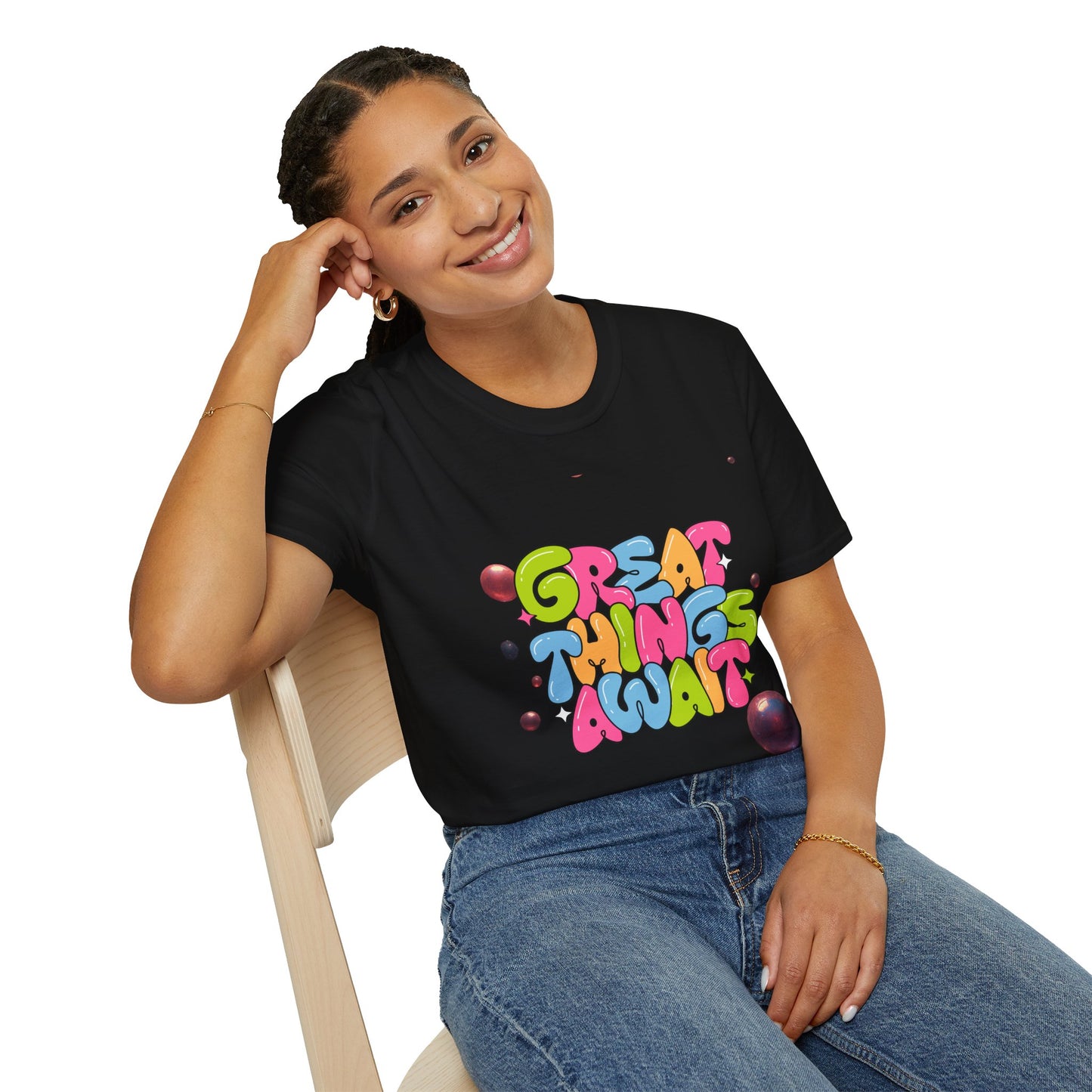 Great Things Await T-Shirt — Colorful Positive Message Tee