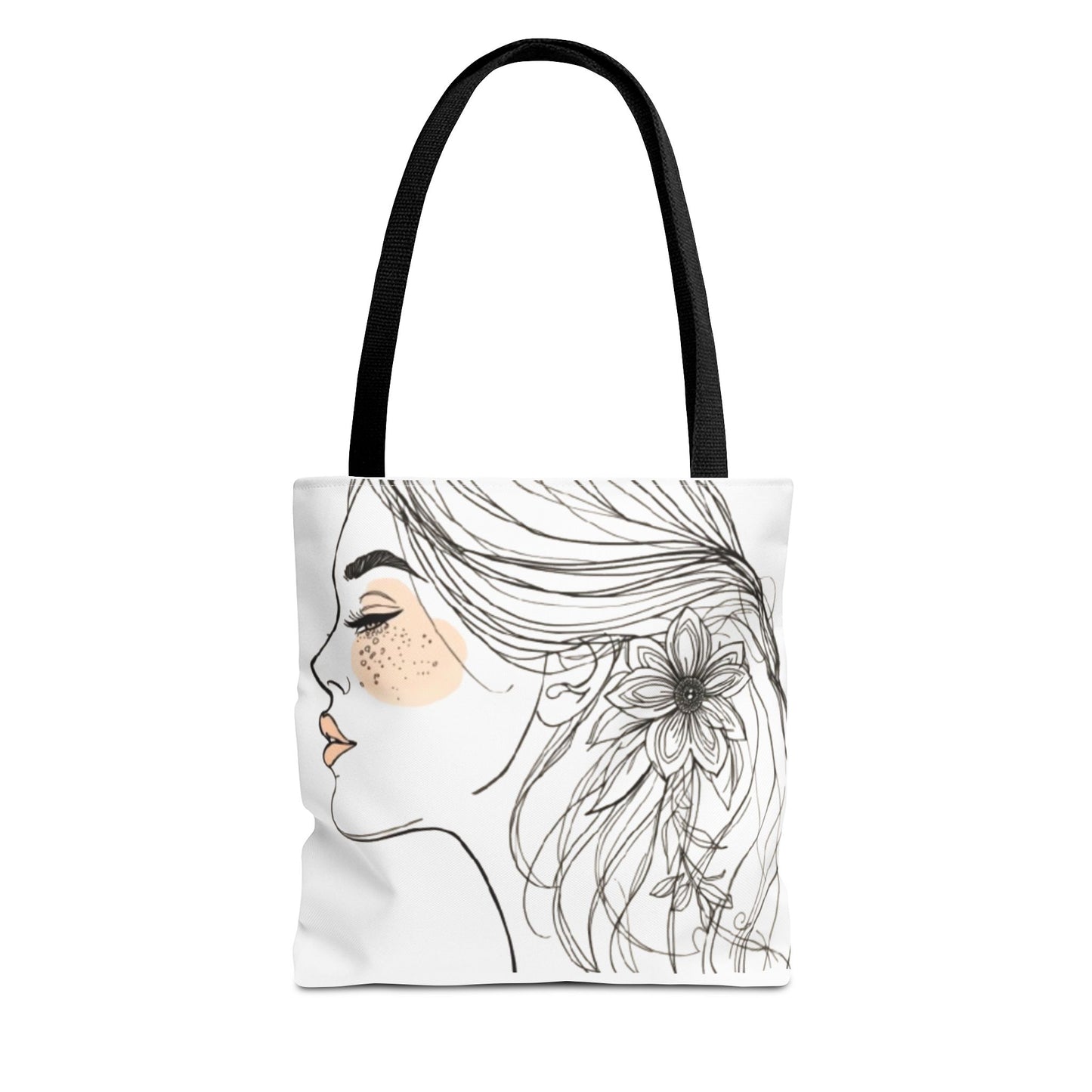 Floral Profile Tote Bag — Hand-Drawn Woman Portrait with Freckles