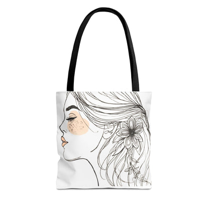 Floral Profile Tote Bag — Hand-Drawn Woman Portrait with Freckles