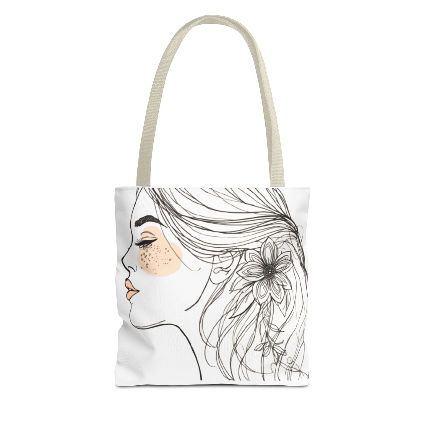 Floral Profile Tote Bag — Hand-Drawn Woman Portrait with Freckles