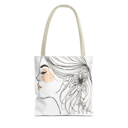 Floral Profile Tote Bag — Hand-Drawn Woman Portrait with Freckles