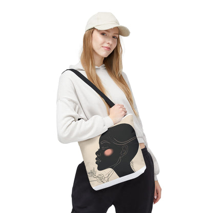 Afro Silhouette Floral Tote Bag — Minimalist Black Woman Profile Canvas Tote