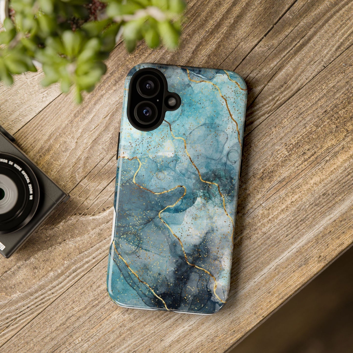 Teal Marble Tough Phone Case — Blue Gold Vein Protective iPhone Cover