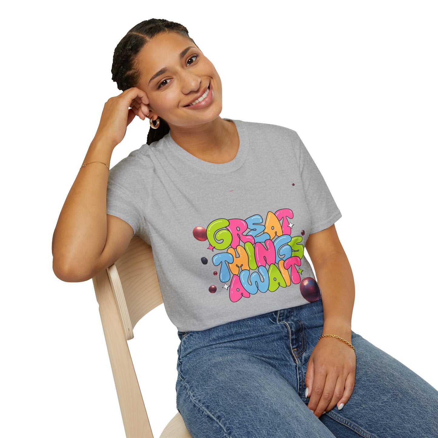 Great Things Await T-Shirt — Colorful Positive Message Tee