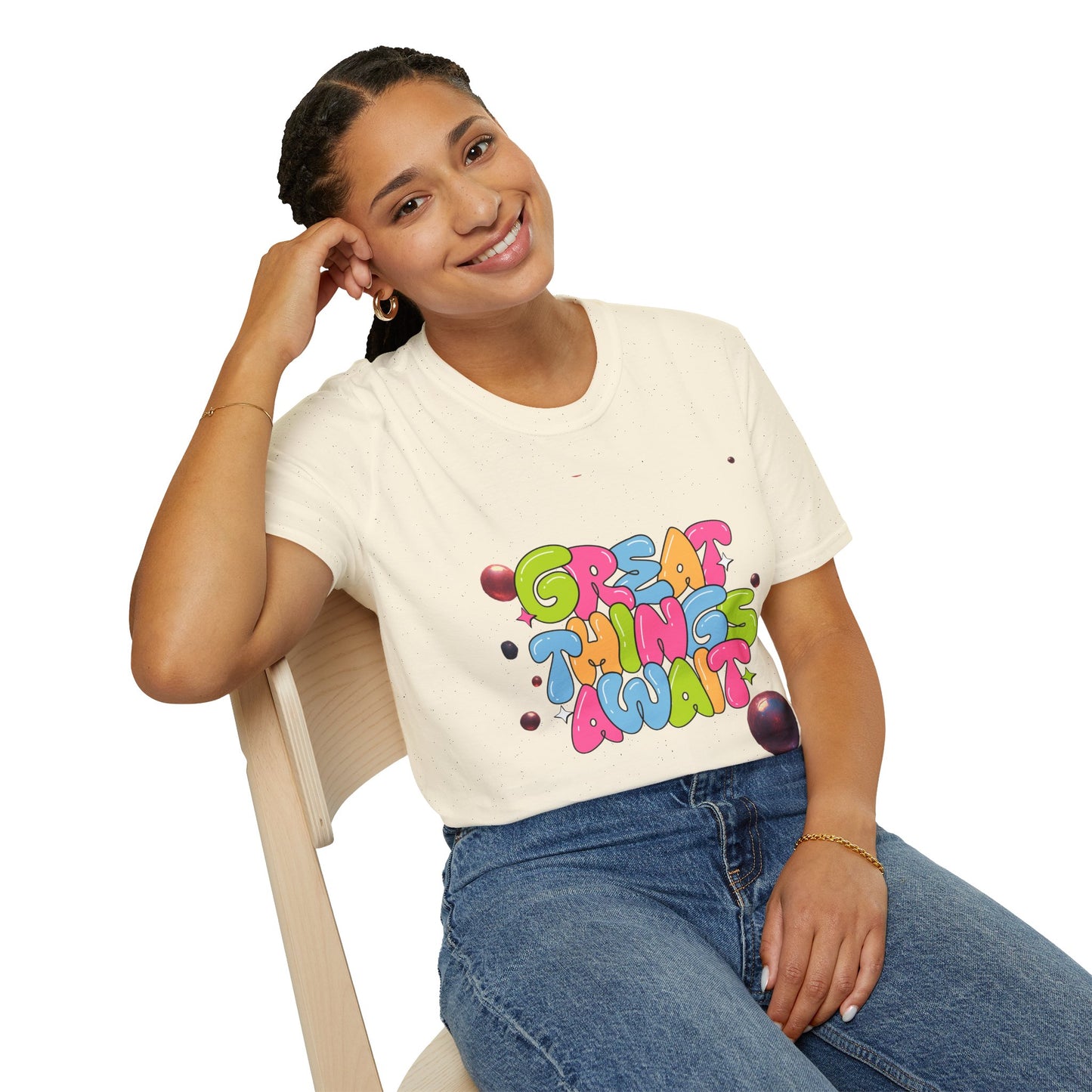 Great Things Await T-Shirt — Colorful Positive Message Tee