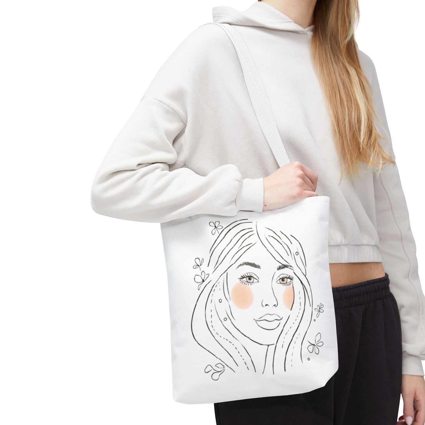 Floral Portrait Tote Bag — Hand-Drawn Woman Face with Blush Cheeks