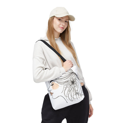 Floral Profile Tote Bag — Hand-Drawn Woman Portrait with Freckles