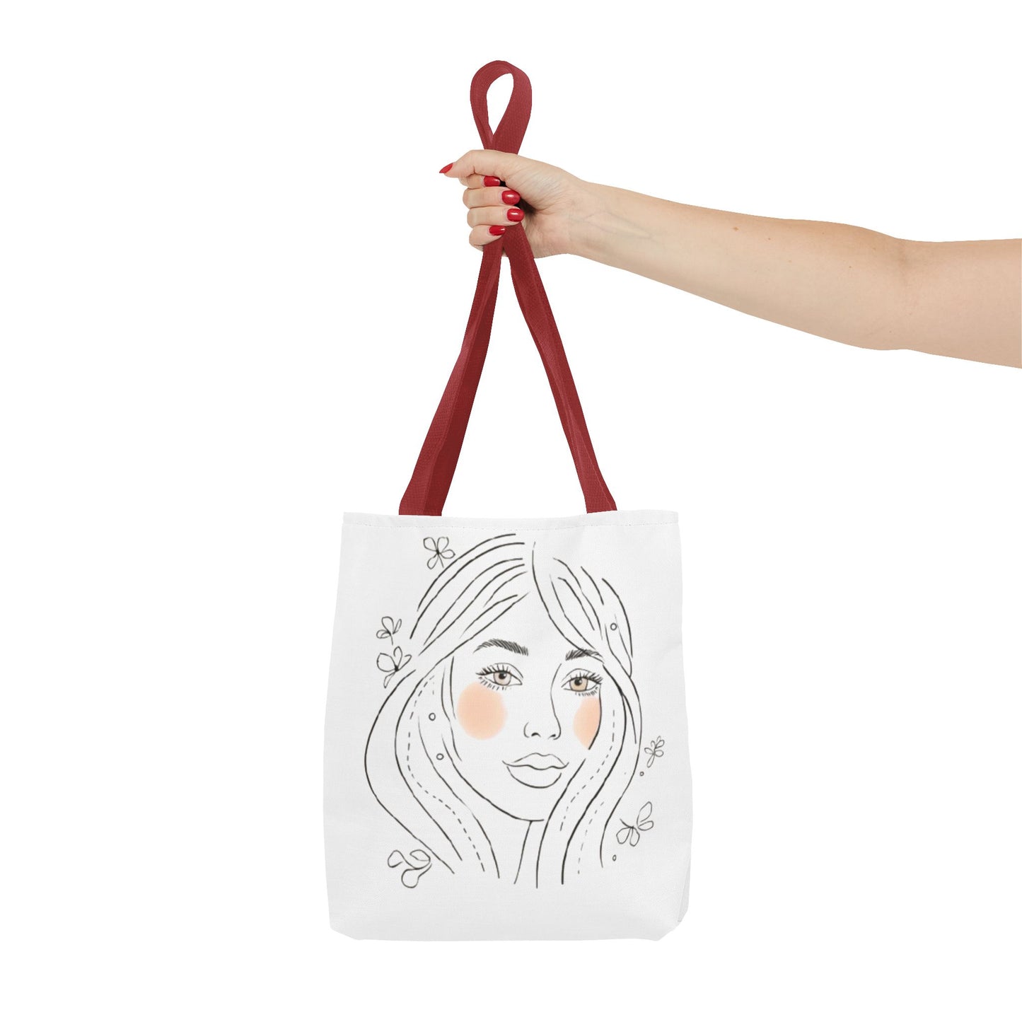 Floral Portrait Tote Bag — Hand-Drawn Woman Face with Blush Cheeks