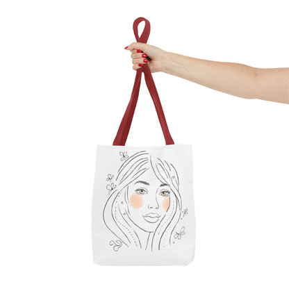Floral Portrait Tote Bag — Hand-Drawn Woman Face with Blush Cheeks
