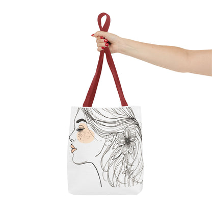 Floral Profile Tote Bag — Hand-Drawn Woman Portrait with Freckles
