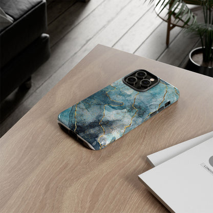 Teal Marble Tough Phone Case — Blue Gold Vein Protective iPhone Cover