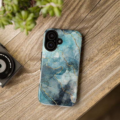 Teal Marble Tough Phone Case — Blue Gold Vein Protective iPhone Cover