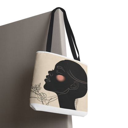 Afro Silhouette Floral Tote Bag — Minimalist Black Woman Profile Canvas Tote
