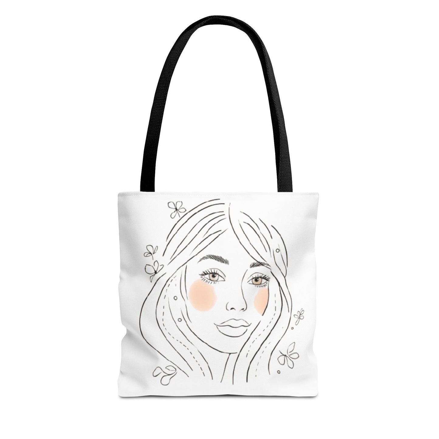 Floral Portrait Tote Bag — Hand-Drawn Woman Face with Blush Cheeks
