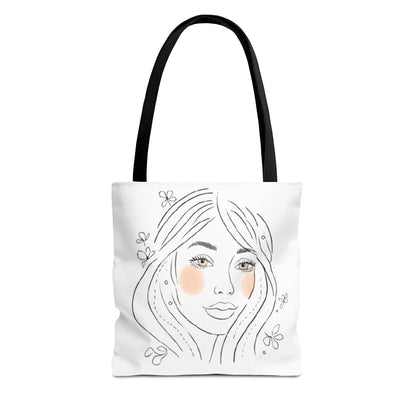 Floral Portrait Tote Bag — Hand-Drawn Woman Face with Blush Cheeks