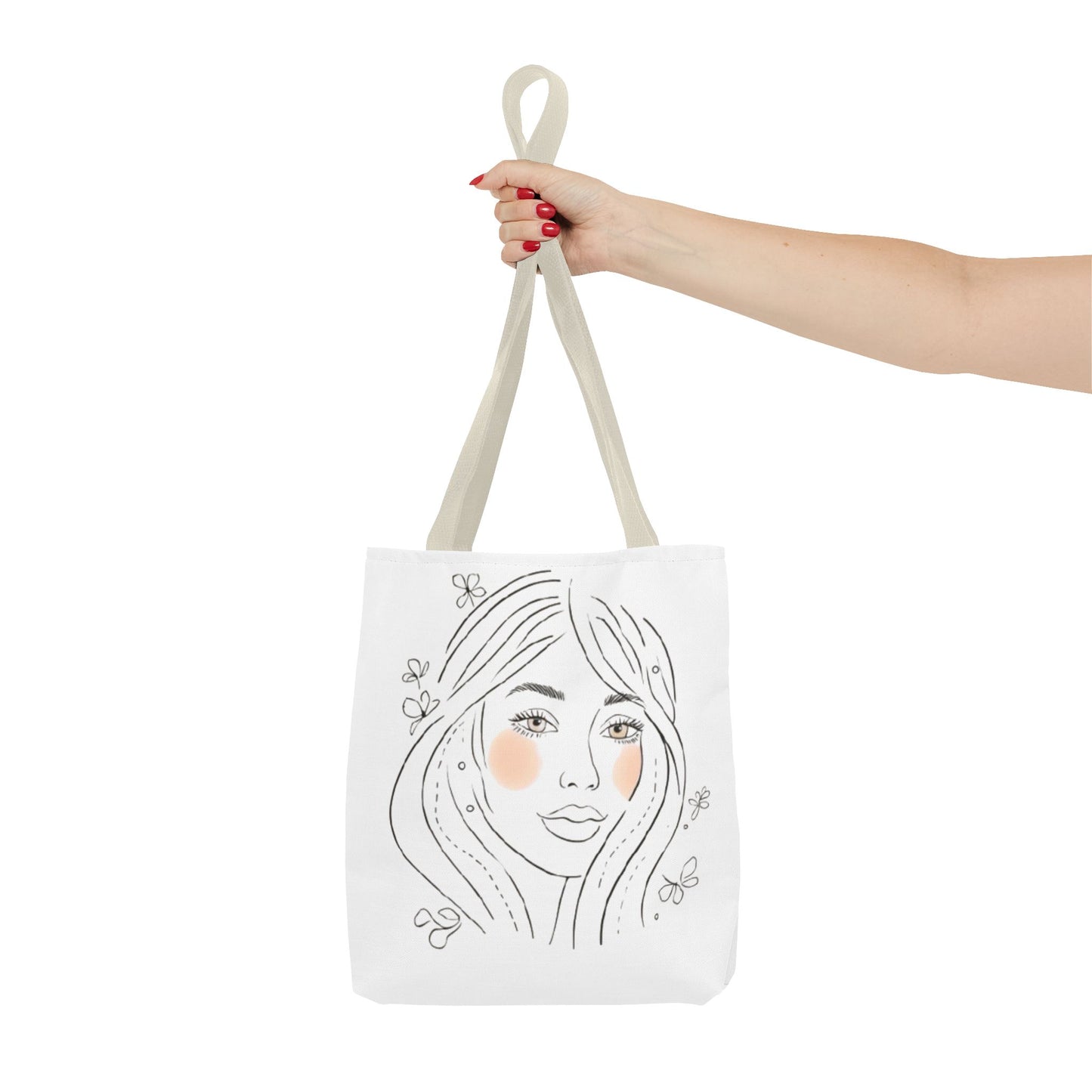 Floral Portrait Tote Bag — Hand-Drawn Woman Face with Blush Cheeks