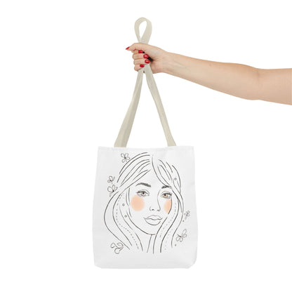 Floral Portrait Tote Bag — Hand-Drawn Woman Face with Blush Cheeks