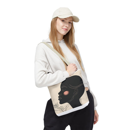 Afro Silhouette Floral Tote Bag — Minimalist Black Woman Profile Canvas Tote