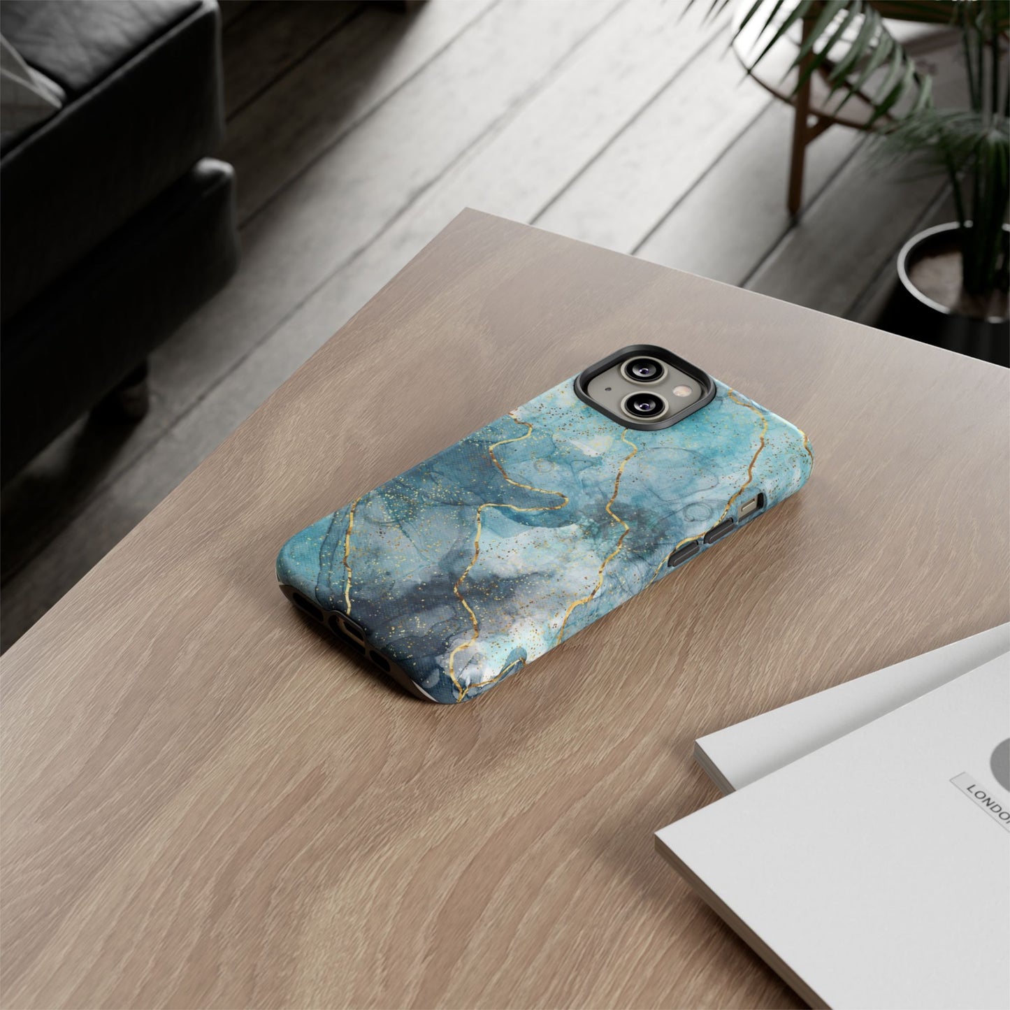 Teal Marble Tough Phone Case — Blue Gold Vein Protective iPhone Cover