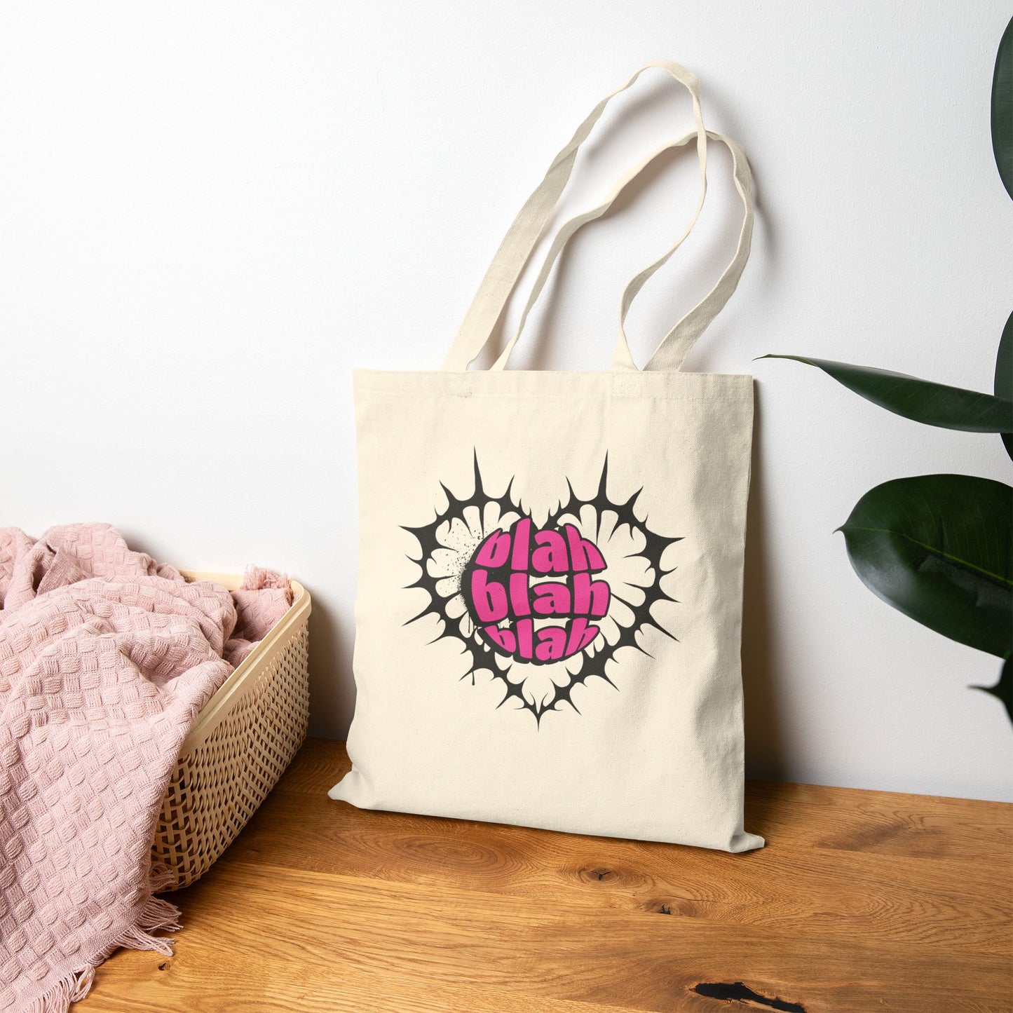 Tote Bag — Pink "Blah Blah Blah" Heart Graphic Cotton Canvas Tote