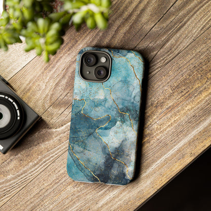 Teal Marble Tough Phone Case — Blue Gold Vein Protective iPhone Cover