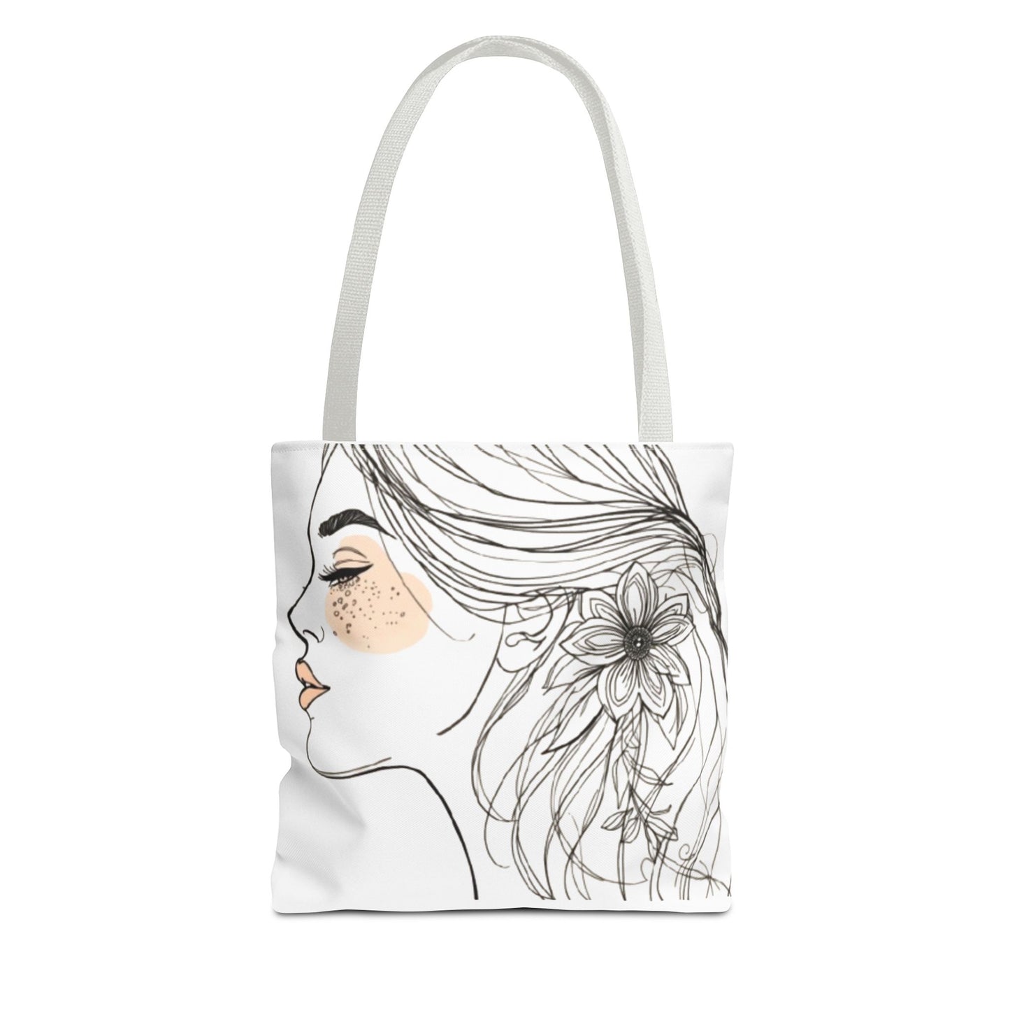 Floral Profile Tote Bag — Hand-Drawn Woman Portrait with Freckles