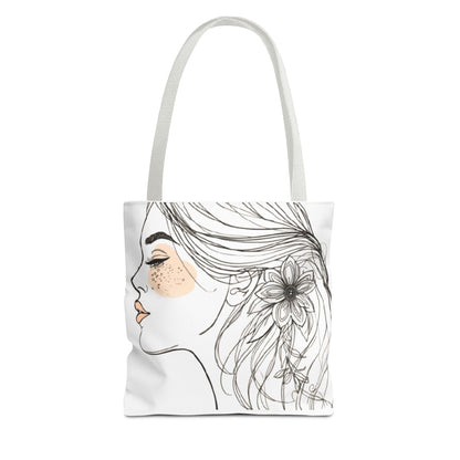 Floral Profile Tote Bag — Hand-Drawn Woman Portrait with Freckles